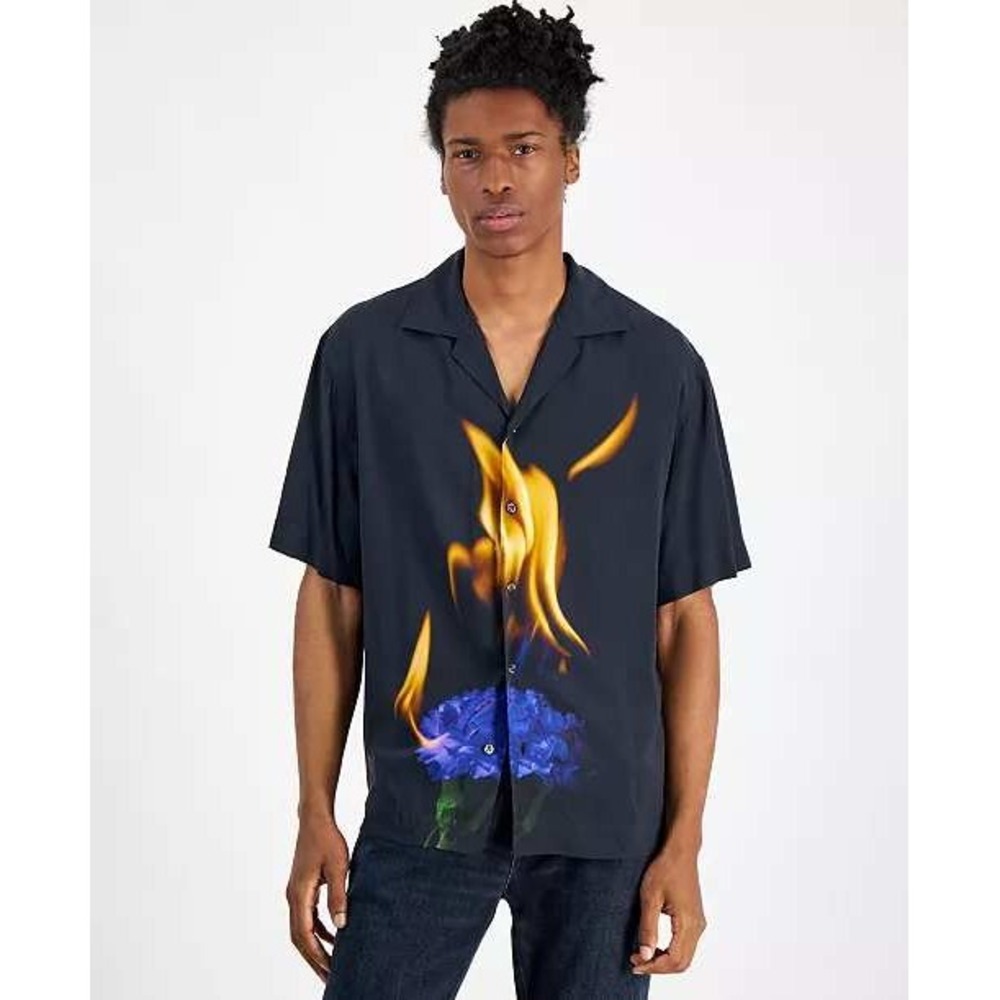 HUGO Hugo Boss Mens Espino Oversized Printed Camp Shirt Black XXL 50527414